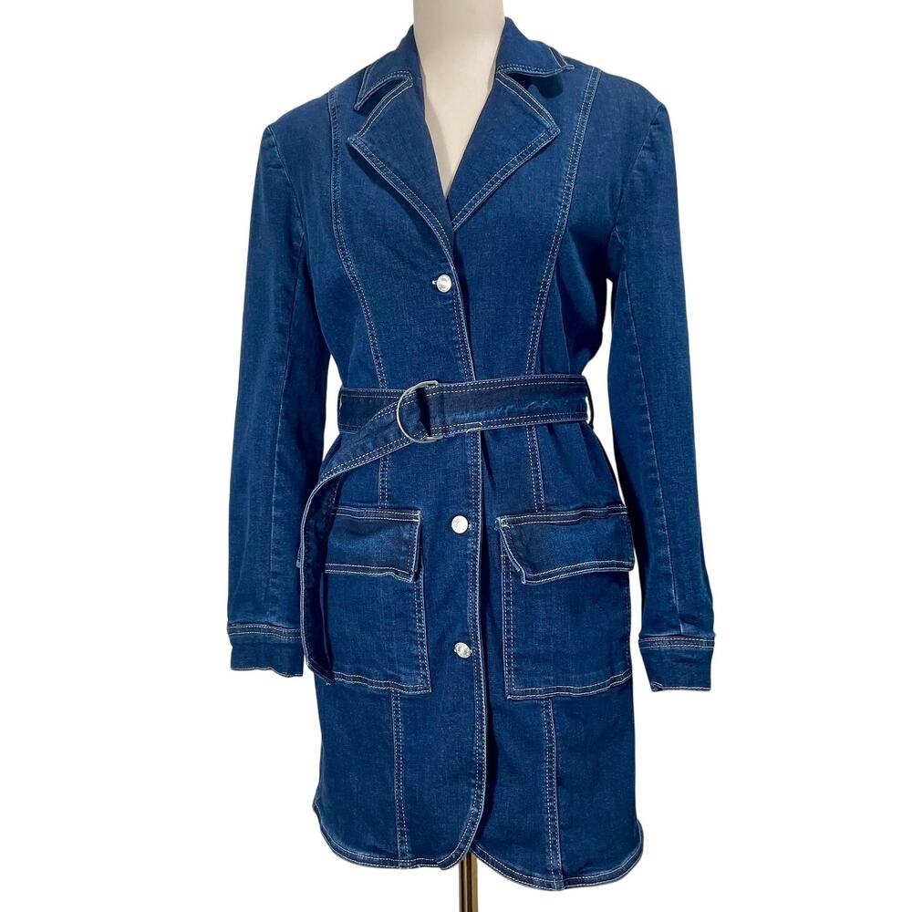 Pilcro Button Front Belted Long Sleeve Denim Blazer Mini Dress Blue Womens Small